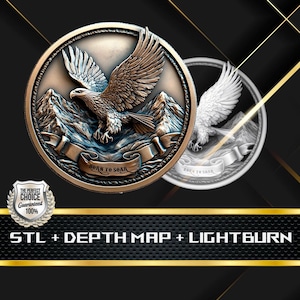 Dieptekaart munt | Hoogtekaart | 3D-lasergravure | EDC-munt | STL-bestand | PNG-bestand | Grijswaarden | Lightburn BMP | Born To Soar Eagle-munt