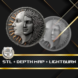 Münze Tiefe Karte | Höhenkarte | 3D Laser Gravur | Xtool | Stl-Datei | PNG-Datei | Graustufen | Lightburn BMP | Laserfaser | Sonne Mond