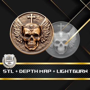 Skull Coin Depth Map and  STL File, 3D Relief for Laser Engraving CNC