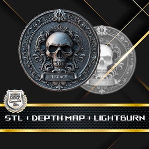 May include: A silver-colored metal skull with ornate details, surrounded by a circular frame with the word "LEGACY" inscribed. The skull is set against a black background with gold accents.