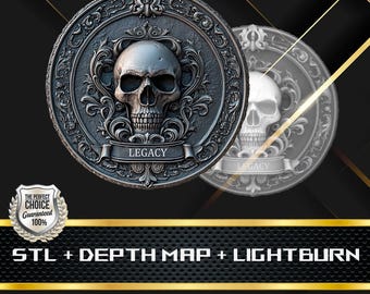 Legacy Skull Coin Depth Map: 3D Embossing Laser Engrave STL and Heigth Map files for Laser Fiber