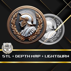Pode incluir: Dois designs detalhados de moedas com um soldado romano em perfil, usando um capacete e uma coroa de louros. Uma moeda é colorida com tons de ouro e bronze, a outra em tons de cinza. A imagem inclui o texto "STL + DEPTH MAP + LIGHTBURN".