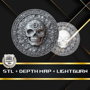 Pode incluir: Duas peças decorativas circulares prateadas com desenhos detalhados de caveiras. As caveiras estão centradas em padrões florais ornamentados. O texto "STL + DEPTH MAP + LIGHTBURN" é exibido abaixo, com um distintivo "Perfect Choice".