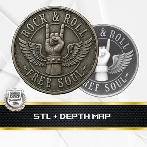 May include: A silver-colored coin with the words "ROCK & ROLL" and "FREE SOUL" encircling a hand making the rock on gesture, with wings. The coin is detailed with a textured finish. The image also includes a second coin and the text "STL + DEPTH MAP".