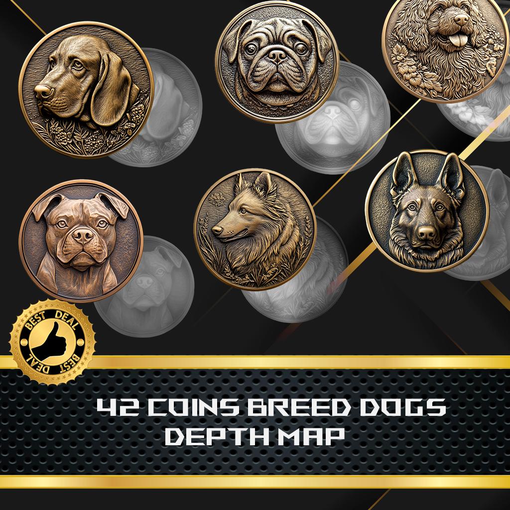 42 Dog Breeds | Coin Depth Map | Heigh Map | 3D Laser Engrave | Xtool | PNG file | Grayscale | Lightburn BMP | CNC Coin