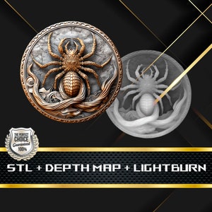 Puede incluir: Un diseño detallado de araña dorada sobre un fondo circular texturizado. La araña es el punto focal, con detalles intrincados. La imagen incluye el texto "STL + DEPTH MAP + LIGHTBURN" y una insignia que dice "THE PERFECT CHOICE Guaranteed 100%."