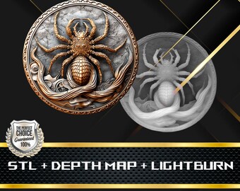 May include: A detailed, gold-colored spider design on a circular, textured background. The spider is the focal point, with intricate detailing. The image includes the text "STL + DEPTH MAP + LIGHTBURN" and a badge that says "THE PERFECT CHOICE Guaranteed 100%."