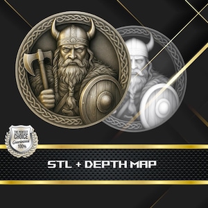 Pode incluir: Ilustração detalhada de um guerreiro viking com machado e escudo, emoldurada em um círculo com nós celtas. A imagem é em tons de marrom e dourado, com o texto "STL + DEPTH MAP" na parte inferior.