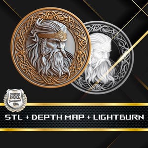 May include: A 3D model of a bearded man's head with a crown, surrounded by a Celtic knot design. The model is shown in both a gold and a silver color scheme. The text "STL + DEPTH MAP + LIGHTBURN" is displayed below the model.