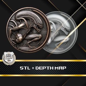 Puede incluir: Dos relieves circulares de metal con un diseño de criatura Alien. Uno es de color bronce, el otro plateado. El texto "STL + DEPTH MAP" se muestra debajo, con un emblema "The Perfect Choice Guaranteed 100%".