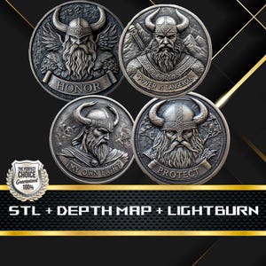 May include: Four silver-colored Viking-themed coins with detailed relief carvings. Each coin features a bearded warrior in a horned helmet, with inscriptions like "HONOR" and "PROTECT." The coins are displayed against a dark background.