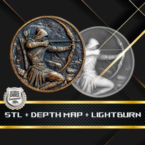Mapa de Profundidade e Arquivo STL da Moeda Archer Hunter, Relevo 3D para Gravação a Laser CNC