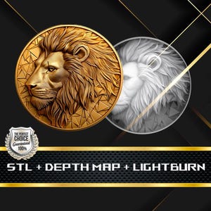 Lion Coin Depth Map: 3D Embossing Laser Engrave STL and Heigth Map files for Laser Fiber