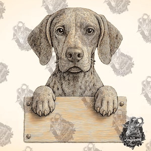 Può includere: Un cane marrone e bianco con pelo corto sporge la testa da un cartello di legno. Il cane ha un'espressione seria e guarda direttamente lo spettatore. Il cartello è vuoto e ha una superficie ruvida e testurizzata.