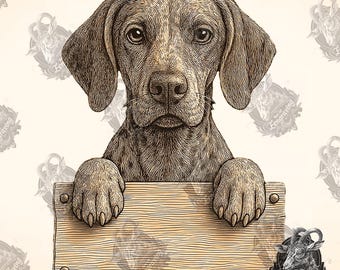 May include: A brown and white dog with short fur is peeking over a wooden sign. The dog has a serious expression and is looking directly at the viewer. The sign is blank and has a rough, textured surface.