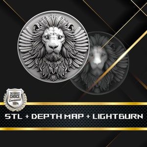 Lion Coin Depth Map: 3D Embossing Laser Engrave STL and Heigth Map files for Laser Fiber