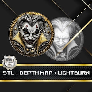 Dieptekaart jokermunten | Hoogtekaart | 3D-lasergravure | Xtool | Glowforge | STL-bestand | PNG-bestand | Lightburn BMP | CNC-munt |