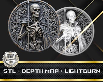 May include: Two circular, detailed relief sculptures of a skeleton figure holding a staff, wearing a cape, and set against an ornate background. One is metallic, the other white. The text "STL + DEPTH MAP + LIGHTBURN" is at the bottom.