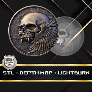 May include: A 3D printed metal skull with wings, rendered in a bronze finish. The skull has a detailed design with sharp teeth and a textured surface. The wings are spread out behind the skull and have a feathered texture. The image also includes a grayscale depth map of the skull.