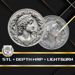 Münze Tiefe Karte | Höhenkarte | 3D Laser Gravur | Xtool | Stl-Datei | PNG-Datei | Graustufen | Lightburn BMP | Laserfaser | Griechische Münze