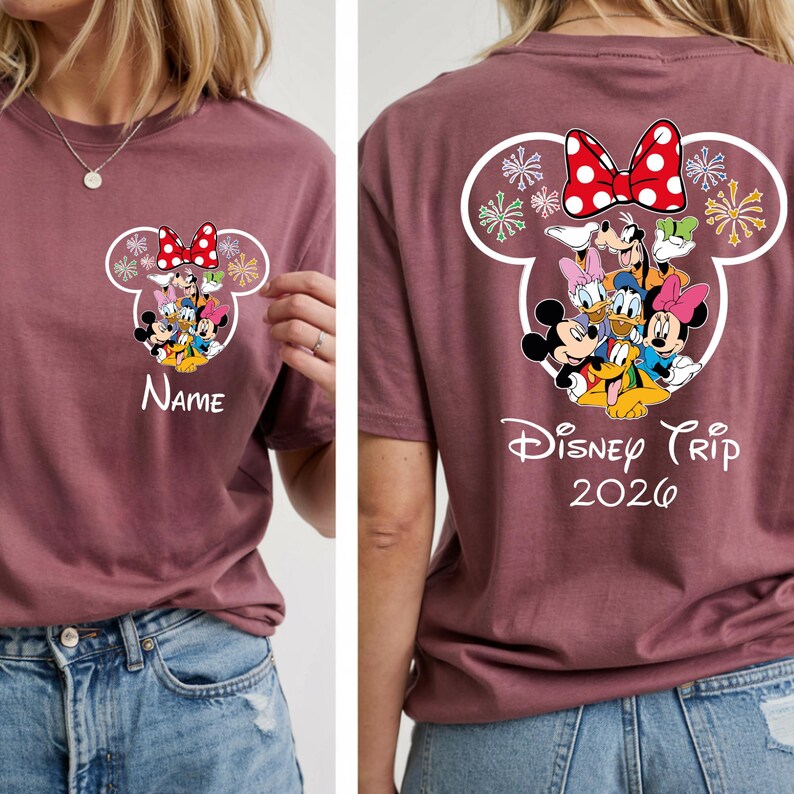 A woman wearing a purple t-shirt with a Disney-themed design featuring Minnie Mouse, Donald Duck, and Goofy. The t-shirt has a personalized name and the text "Disney Trip 2020" printed on it.