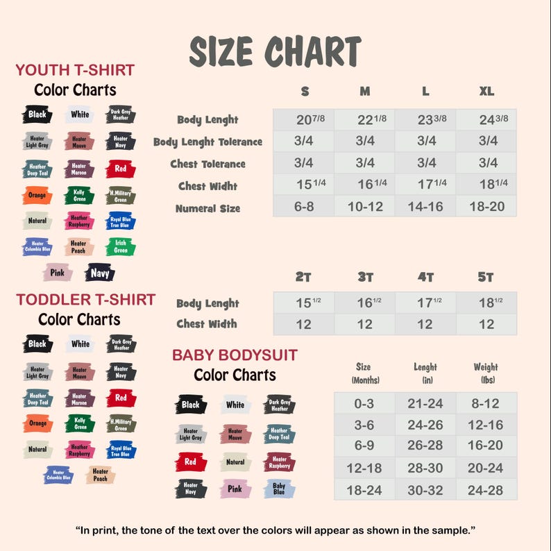 以下が含まれることがあります： 子供用Tシャツ、幼児用Tシャツ、ベビーボディスーツのサイズチャート。身体の長さ、胸囲、サイズなどの測定値が含まれています。各衣類タイプの色見本も含まれています。