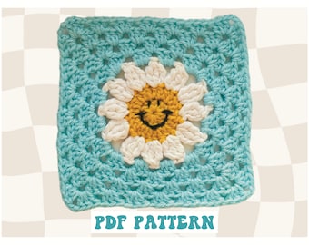 Smiley Face Daisy Granny Square Crochet Pattern: Retro Boho (Digital PDF)