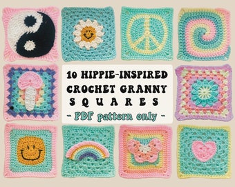 10 Hippie Granny Squares Crochet Pattern BUNDLE: 70s Retro Motif (PDF only)