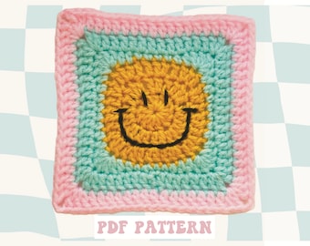 Smiley Face Granny Square Crochet Pattern: Retro Boho Motif (Digital PDF)