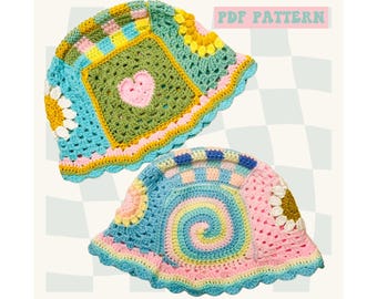 Beginner Crochet Granny Square Bucket Hat Pattern: Retro Floral (Digital PDF)
