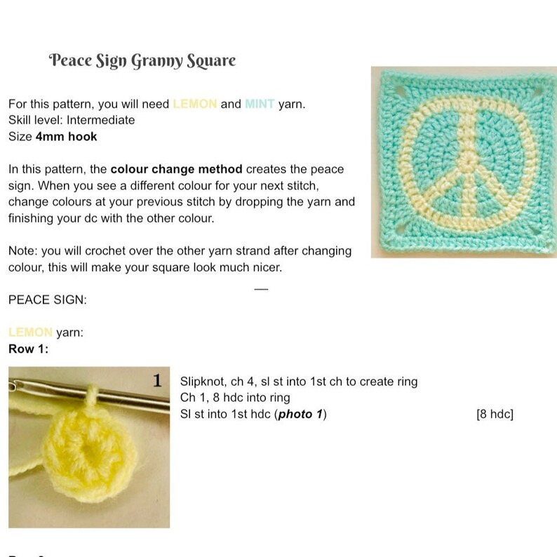 Peace Sign Granny Square Crochet Pattern: Retro Boho Motif (Digital PDF) image 3