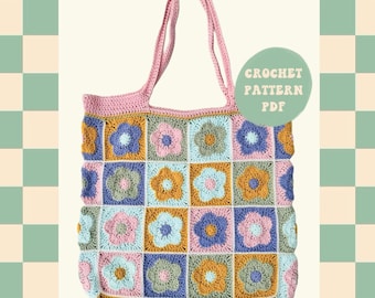 Patrón para bolso de mano de ganchillo con forma de flor para principiantes: Cuadrado retro de abuela (PDF digital)