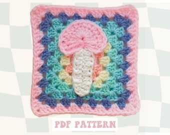 Patrón de ganchillo cuadrado de la abuela con forma de seta, motivo retro hippie de la naturaleza (solo PDF digital)