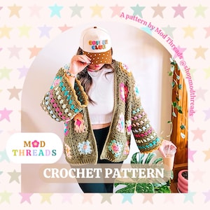 May include: A crochet pattern image featuring a colorful granny square cardigan with bell sleeves. The image includes the text "CROCHET PATTERN" and the brand name "MOD THREADS". A baseball cap with the text "COFFEE CLUB" is also visible.