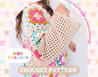 Patrón de cárdigan de ganchillo de junio, modelo Grandma Square, con ayuda en vídeo de CJAG (patrón en PDF).