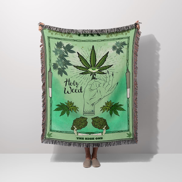 De High One Tarot Card Woven Throw Blanket, Marihuana Cotton Fringe Blanket, 420 Décor