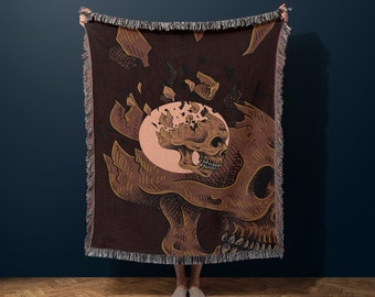 Shattered Skull Moon Woven Blanket, Skull Blanket, Moon Throw Blanket, Skeleton Throw Woven Blanket