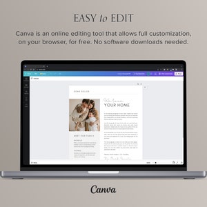 May include: A laptop computer displaying a webpage from Canva, an online editing tool. The webpage shows a real estate listing with a photo of a family and the text "We love your home".