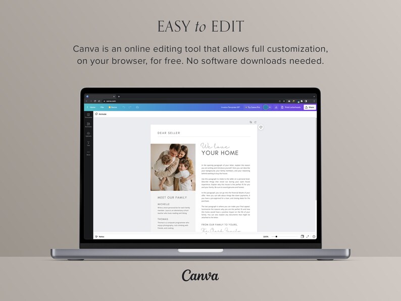 May include: A laptop computer displaying a webpage from Canva, an online editing tool. The webpage shows a real estate listing with a photo of a family and the text "We love your home".