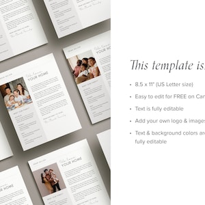 May include: A printable template for a welcome home letter. The template features a simple design with a photo of a family and the text "We love your home". The template is 8.5 x 11 inches and can be edited for free on Canva.