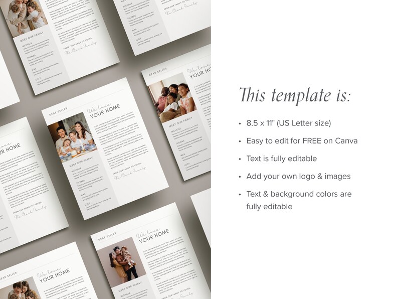 May include: A printable template for a welcome home letter. The template features a simple design with a photo of a family and the text "We love your home". The template is 8.5 x 11 inches and can be edited for free on Canva.