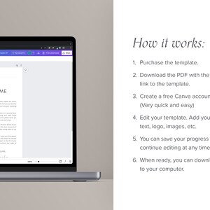 May include: A laptop screen displaying a Canva template for a "We love your home" welcome sign. The template features a photo of a woman and text that says "From our family to yours". The text on the right side of the image explains how to use the template.