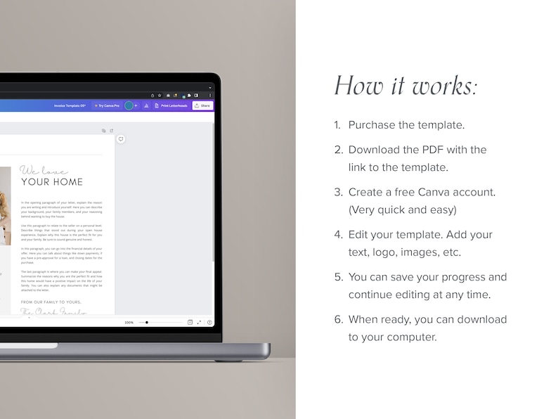 May include: A laptop screen displaying a Canva template for a "We love your home" welcome sign. The template features a photo of a woman and text that says "From our family to yours". The text on the right side of the image explains how to use the template.