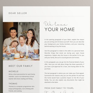 May include: A family of four poses for a photo in their home. The family is sitting at a table with a white tablecloth and a vase of flowers. The text "We love your home" is written in a decorative font above the family photo. The text "Meet our family" is written in a bold font below the photo. The text "Michelle" is written in a regular font below the text "Meet our family". The text "Thomas" is written in a regular font below the text "Michelle". The text "Write a short personal bio for each family member. Laura is an elementary school teacher who loves reading and hiking." is written in a regular font below the text "Michelle". The text "Thomas is a computer programmer who enjoys photography, rock climbing with friends, and cooking." is written in a regular font below the text "Thomas".