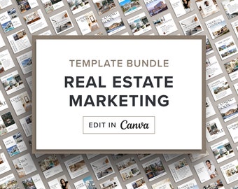 May include: A template bundle for real estate marketing, featuring a variety of social media post designs. The text "TEMPLATE BUNDLE REAL ESTATE MARKETING EDIT IN Canva" is displayed on a white rectangle with brown borders. The background is a pattern of various real estate social media post designs.