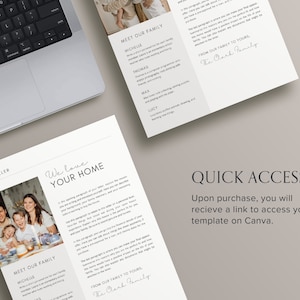 May include: A digital download for a family photo template. The template features a white background with black text and a family photo. The text includes "We love your home" and "Meet our family".