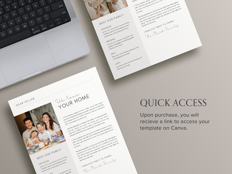 May include: A digital download for a family photo template. The template features a white background with black text and a family photo. The text includes "We love your home" and "Meet our family".