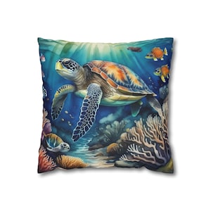 Sea Turtle Pillowcase Under the Sea Home Decor. Fun Sea Life throw pillow features colorful coral and fish. Sea theme throw pillow. 4 sizes.