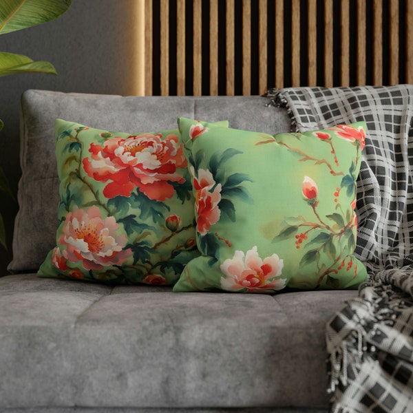 Asian Floral Pillow Peach and Coral Peonies on warm Jade Green background. Home Decor Pillowcase with Peony flower design.