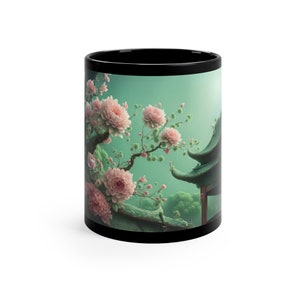 Asian Garden Pagoda Floral Mug 11 oz